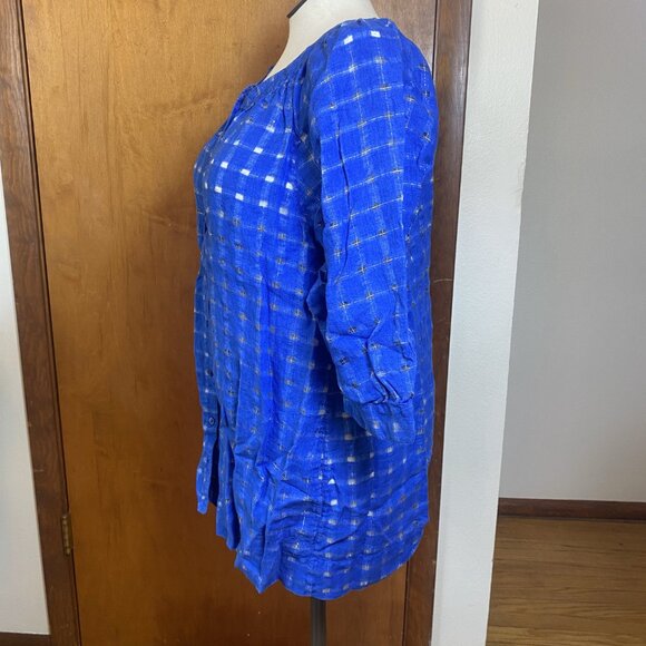 EUC Chico's 3 (XL) Linen Blend Squares Transparent Button-Up Blouse - Picture 2 of 7